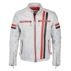 Men Biker Style Motorbike White Genuine Leather Jacket
